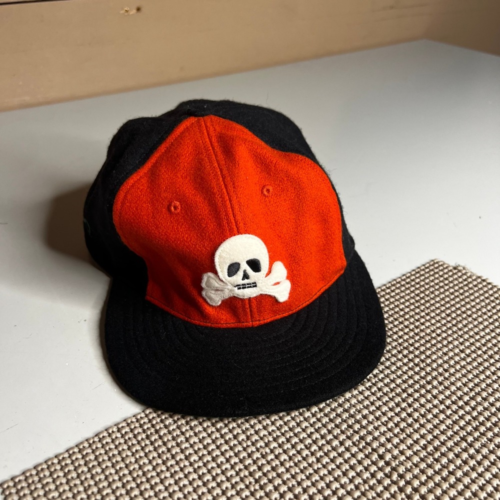 Ebbets Field Flannels Skull Crossbones Wool Hat Orange Black Made in USA Large